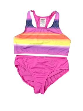 LANDS' END Girls' Pink Rainbow Stripe Two-Piece Swim Set